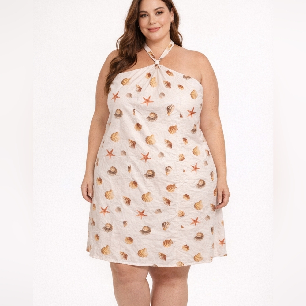 Wild Fable Halter Dress XXL – Shells & Starfish Print, Rayon/Linen, Back Zipper
